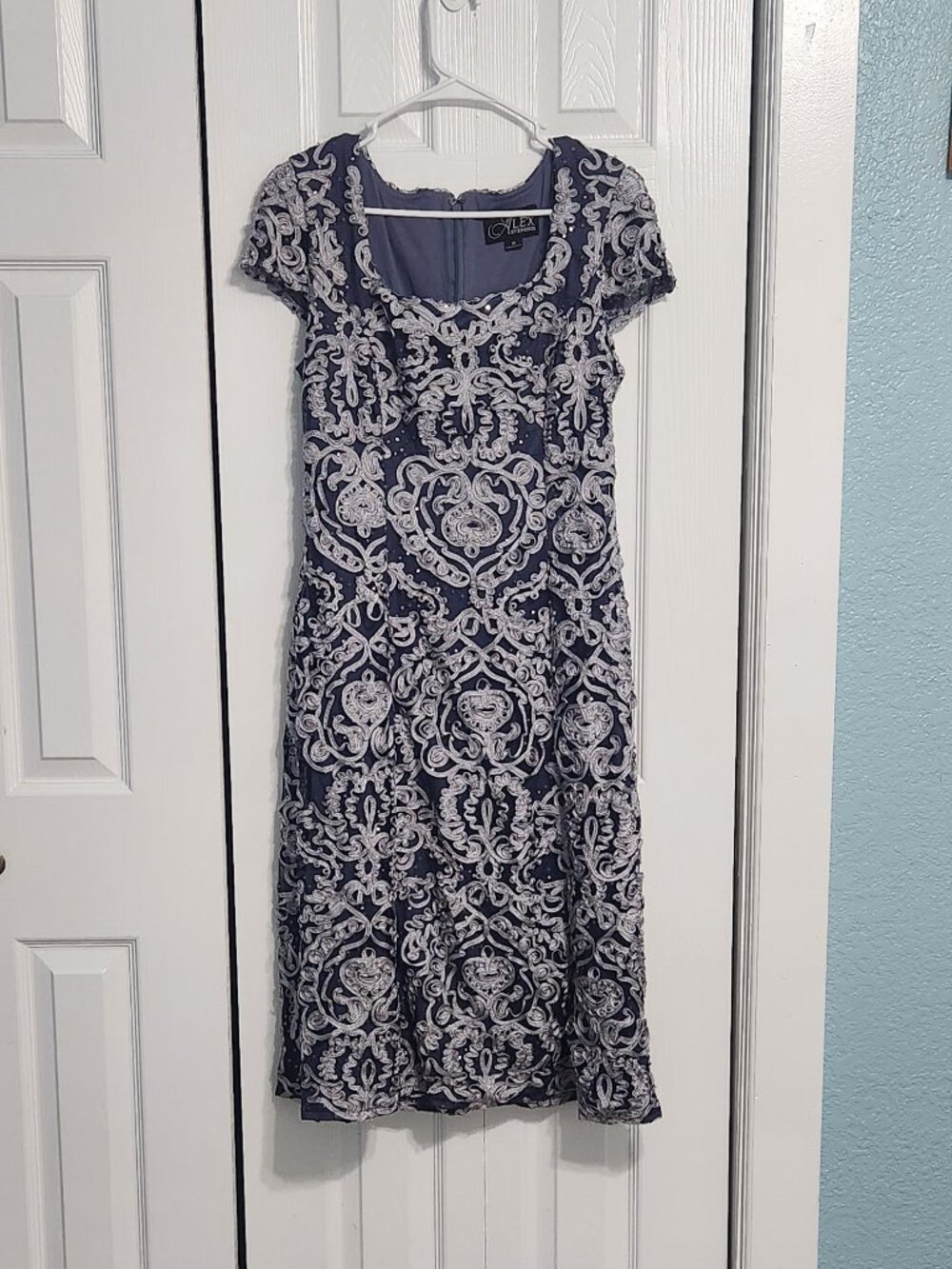 Alex Evenings Ribbon Dress Midi Formal Dress Sequin Soutache Slate Color Size 10